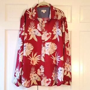 LINEN COTTON HAWAII ALOHA SHIRT MEN'S MAROON LONG SLEEVE TROPICAL XXL RUNS SMALL